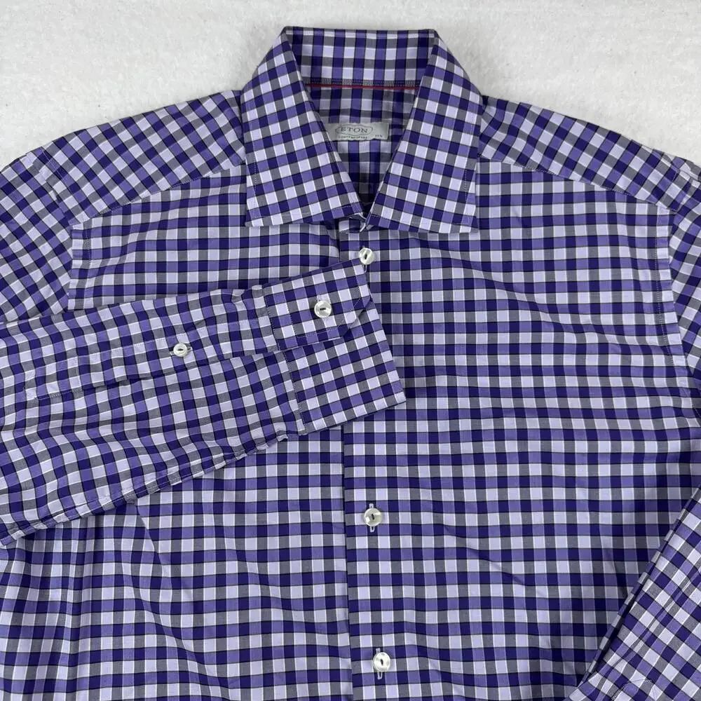 Eton Dress Shirt Mens Size 40 Purple Gingham Long Sleeve Cotton Spread Collar